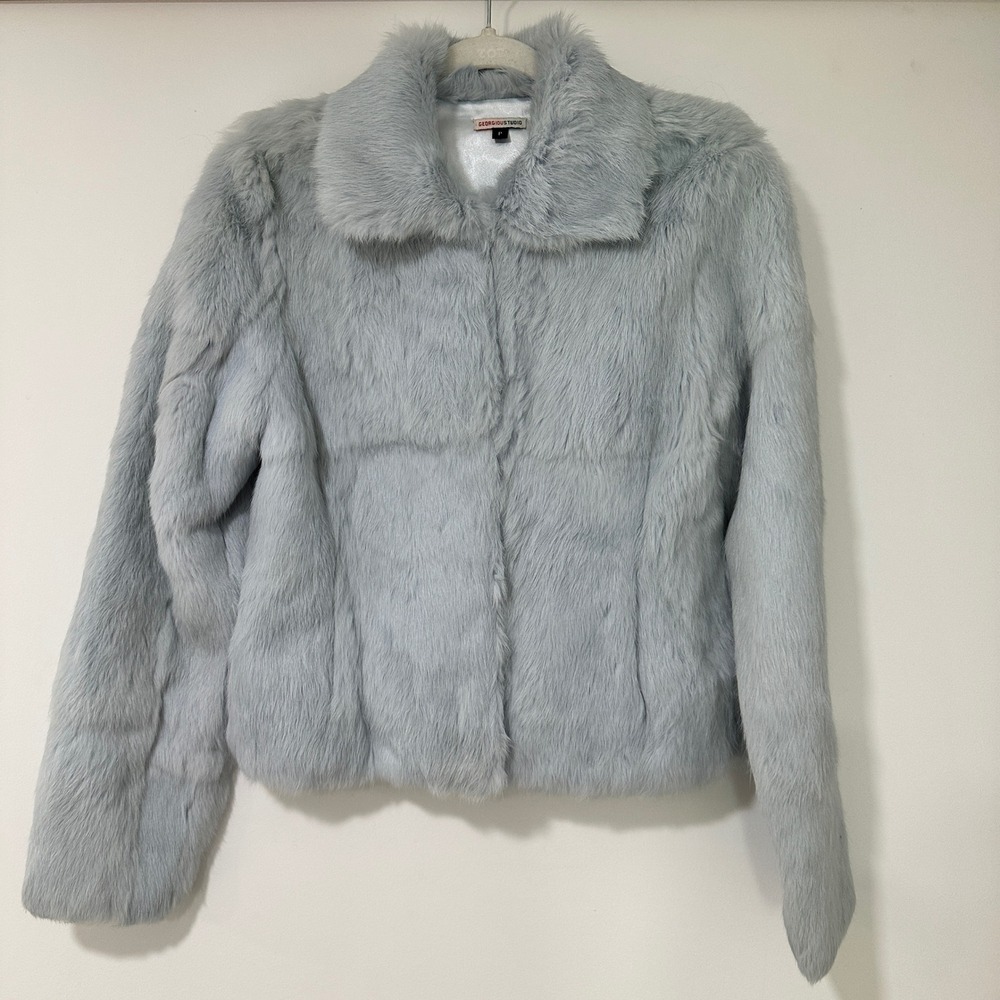 Georgious Studio Real Rabbit Fur Jacket Womens P S Blue Cropped Satin Lined Coat